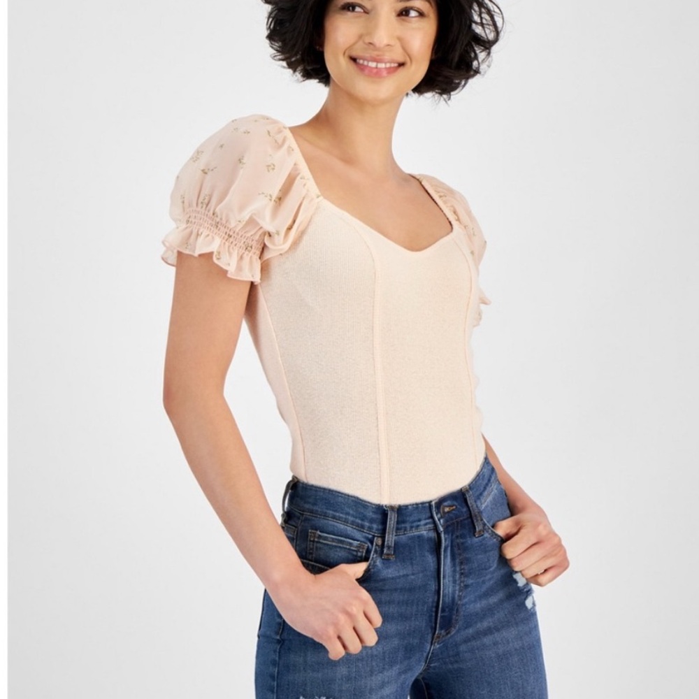 Celebrity Pink Cream Puff Sleeve Bodysuit
